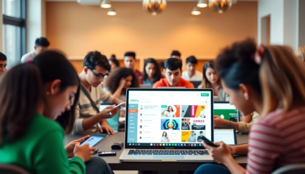 A vibrant and dynamic online learning environment, showcasing the flexibility and convenience of Udemy's educational platform. In the foreground, a diverse group of students engrossed in their digital devices, representing the inclusive and accessible nature of the platform. The middle ground features a sleek, modern interface with intuitive navigation, highlighting the user-friendly design. In the background, a warm, inviting color palette and a sense of movement convey the sense of exploration and discovery inherent in the online learning experience. Soft, diffused lighting and a shallow depth of field create a sense of depth and focus, drawing the viewer's attention to the core elements of the scene.