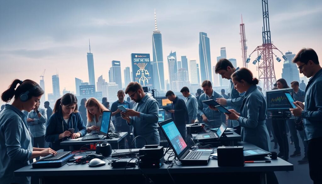 A vibrant and dynamic scene showcasing various technical disciplines. In the foreground, a group of professionals engage in hands-on activities, immersed in the latest technologies such as coding, data analysis, and engineering. The middle ground features a diverse array of technical tools, gadgets, and digital interfaces, hinting at the breadth of Udacity's technological specializations. The background is dominated by a sleek, futuristic cityscape, symbolizing the innovative and forward-thinking nature of the educational institution. Soft, directional lighting illuminates the scene, creating a sense of depth and emphasizing the technical prowess on display. The overall composition conveys a harmonious blend of human expertise and cutting-edge technology, reflecting the essence of Udacity's technological specializations.