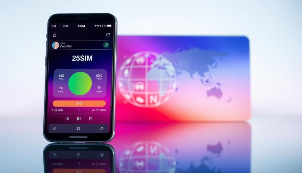 A vibrant and informative visual representation of eSIM data plans, captured with a high-resolution camera lens. The foreground showcases a sleek, modern smartphone displaying an interactive eSIM interface, highlighting the key features and customization options. In the middle ground, a collage of data plan icons, signal strength indicators, and international network connectivity symbols convey the global reach and flexibility of the eSIM service. The background features a minimalist, gradient-based design, creating a clean and professional aesthetic that complements the technological focus of the image. Subtle lighting and reflections add depth and visual interest, while the overall composition strikes a balance between informative and visually appealing.