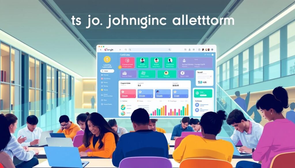 A vibrant and visually engaging illustration of the benefits of joining an educational platform. In the foreground, a diverse group of students collaborating on laptops, immersed in their studies, showcasing the interactive and engaging learning experience. In the middle ground, a digital dashboard displays various learning modules, certificates, and progress tracking, emphasizing the comprehensive educational resources available. The background features a sleek, modern educational institution, with clean lines and a warm, inviting atmosphere. Soft, diffused lighting illuminates the scene, creating a sense of professionalism and productivity. The overall composition conveys the efficiency, accessibility, and quality of the educational platform, enticing the viewer to explore the opportunities it offers.