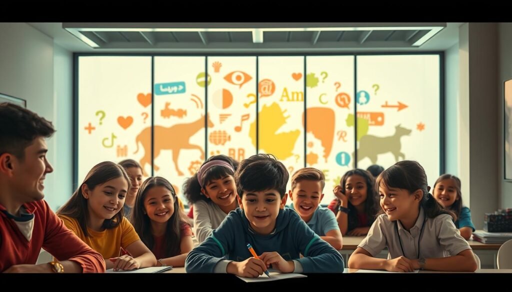 A vibrant, cinematic scene depicting the "تجربة تعلم اللغات" (Language Learning Experience). In the foreground, a diverse group of students engaged in interactive language lessons, their faces alight with enthusiasm. In the middle ground, a sleek, modern classroom setting with large windows, allowing natural light to flood the space. The background features a stylized, abstract representation of different languages, with dynamic shapes and colors symbolizing the richness of linguistic diversity. The overall mood is one of collaborative learning, intellectual curiosity, and a sense of discovery. Soft, warm lighting creates a welcoming and immersive atmosphere, drawing the viewer into the captivating world of multilingual education.