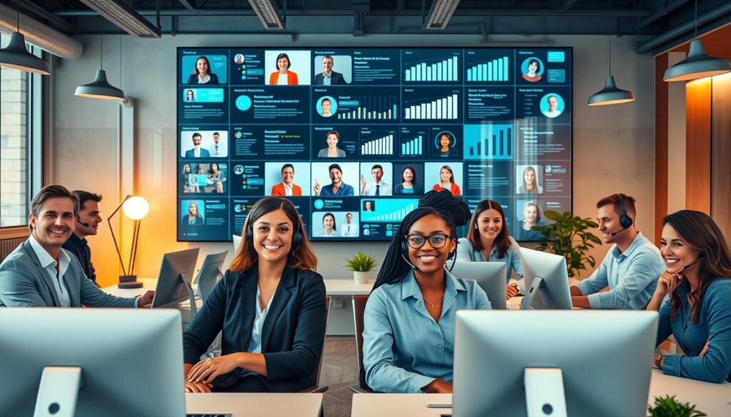 A vibrant, modern office setting with a team of diverse customer service representatives assisting clients through video calls, instant messaging, and other digital channels. The foreground showcases a group of friendly, attentive agents dressed in professional attire, surrounded by sleek, minimalist workstations and high-tech communication equipment. The middle ground features a large, interactive display wall showcasing real-time customer feedback and analytics, while the background incorporates warm, natural lighting and a clean, uncluttered layout that conveys a sense of efficiency and customer-centric focus. The overall atmosphere is one of professionalism, responsiveness, and a commitment to providing exceptional online customer support.