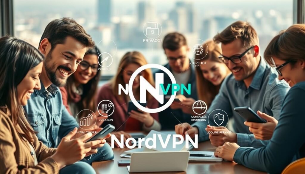 A vibrant, realistic scene depicting NordVPN user experiences. In the foreground, a diverse group of people interacting with their devices, expressions of satisfaction and relief on their faces as they navigate the secure VPN interface. The middle ground showcases the NordVPN logo and branding, surrounded by icons representing privacy, speed, and global server locations. In the background, a blurred cityscape or landscape, suggesting the seamless and borderless online experience enabled by the VPN service. The lighting is natural and warm, creating a welcoming and trustworthy atmosphere. The overall composition conveys a sense of user empowerment, trust, and positive sentiment towards NordVPN.
