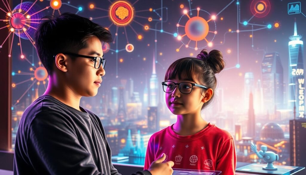 A vibrant scene of AI-powered learning, with a digital landscape of interconnected neural networks, data visualizations, and intelligent algorithms. In the foreground, a thoughtful student collaborates with a holographic AI assistant, their expressions animated by a warm, soft lighting. The middle ground features a fusion of virtual and physical learning tools - touchscreens, 3D models, and adaptive learning platforms. In the background, a cityscape of towering data centers and research labs, symbolizing the technological advancements that enable this transformative educational experience. The overall mood is one of wonder, discovery, and the seamless integration of human and artificial intelligence.