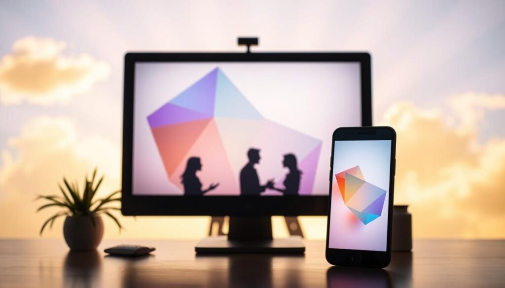 A vibrant, softly-lit scene showcasing the various forms of online therapy available. In the foreground, a desktop computer and smartphone display calming, abstract geometric shapes, representing the digital platforms for remote counseling. The middle ground features silhouettes of people in conversation, conveying the personal connection of virtual therapy sessions. In the background, gentle rays of light filter through wispy clouds, evoking a serene, therapeutic atmosphere. The overall composition emphasizes the accessibility and diversity of the online treatment options, inviting the viewer to explore the healing journey ahead. A vibrant, softly-lit scene showcasing the various forms of online therapy available. In the foreground, a desktop computer and smartphone display calming, abstract geometric shapes, representing the digital platforms for remote counseling. The middle ground features silhouettes of people in conversation, conveying the personal connection of virtual therapy sessions. In the background, gentle rays of light filter through wispy clouds, evoking a serene, therapeutic atmosphere. The overall composition emphasizes the accessibility and diversity of the online treatment options, inviting the viewer to explore the healing journey ahead.