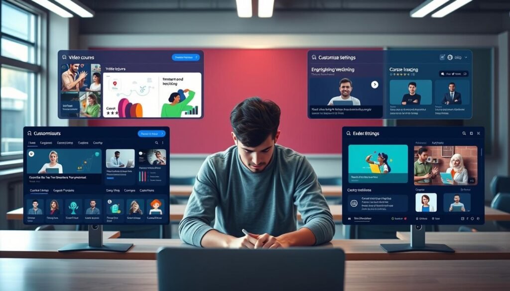 A vibrant, user-centric interface showcasing Edureka's online educational platform. A focused learner sits at the center, surrounded by interactive course modules, video lectures, and progress tracking tools. The foreground features a clean, intuitive dashboard with customizable settings. The middle ground depicts engaging visual aids, animated tutorials, and collaborative discussion forums. The background subtly hints at a modern, technology-driven classroom setting with subtle lighting and depth of field. Overall, the image conveys an immersive, empowering, and personalized educational experience on the Edureka platform.