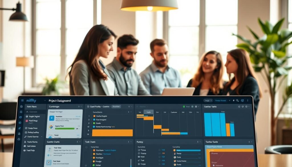 A visually captivating scene showcasing Nifty's standout project management features. In the foreground, a sleek dashboard displays an array of intuitive tools - Kanban boards, Gantt charts, and task lists, all neatly organized. The middle ground features a team of professionals collaborating seamlessly, their expressions focused and determined. In the background, a warm, minimalist office setting provides a calming atmosphere, with large windows letting in natural light. The overall composition conveys a sense of efficiency, productivity, and streamlined project management, highlighting Nifty's ability to simplify complex tasks and empower teams.