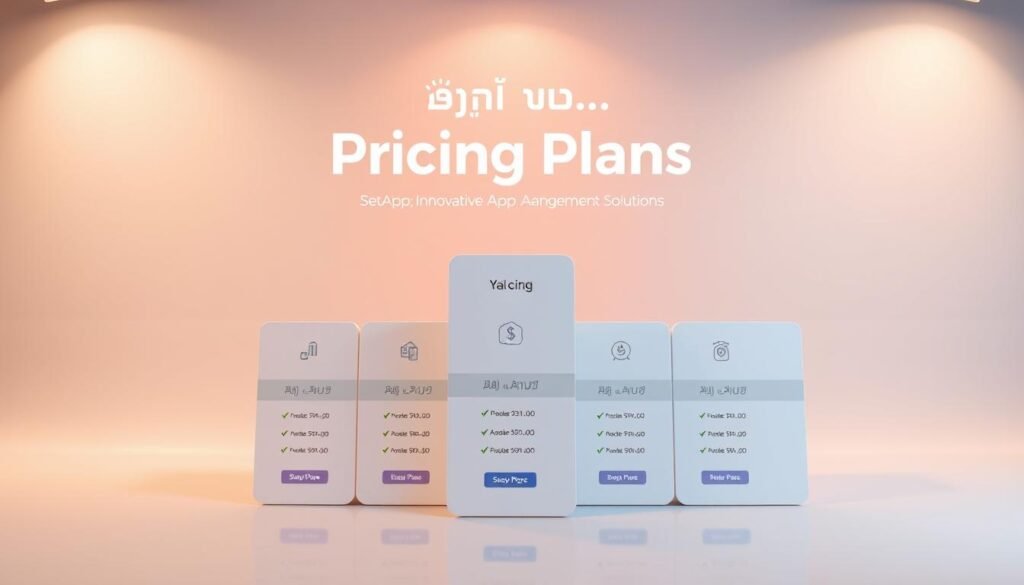 A visually striking and informative illustration of "خطط التسعير" (Pricing Plans). The foreground features a clean, modern layout showcasing various pricing tiers, each with distinctive icons and pricing details. The middle ground depicts a sleek, minimalist design with subtle gradient backgrounds, highlighting the value proposition for each plan. In the background, geometric patterns and soft lighting create a sense of depth and sophistication, reflecting the innovative and premium nature of the "SetApp: حلول مبتكرة لإدارة التطبيقات" (SetApp: Innovative App Management Solutions) offering. The overall composition conveys a balance of clarity, elegance, and the tangible benefits of the pricing plans.