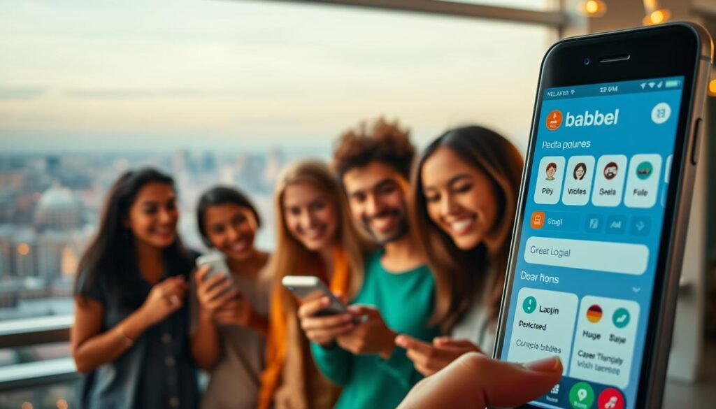 A visually striking image showcasing the unique features of Babbel. In the foreground, a close-up view of the Babbel app interface, displaying its intuitive and engaging language learning tools. The middle ground features a group of diverse learners enthusiastically engaging with the app, their faces lit with a sense of accomplishment. In the background, a vibrant cityscape or global landscape, symbolizing Babbel's ability to empower users to communicate in multiple languages and connect with the world. The lighting is soft and warm, creating a welcoming and inspiring atmosphere. The overall composition conveys the idea of Babbel as a transformative and empowering language learning experience.