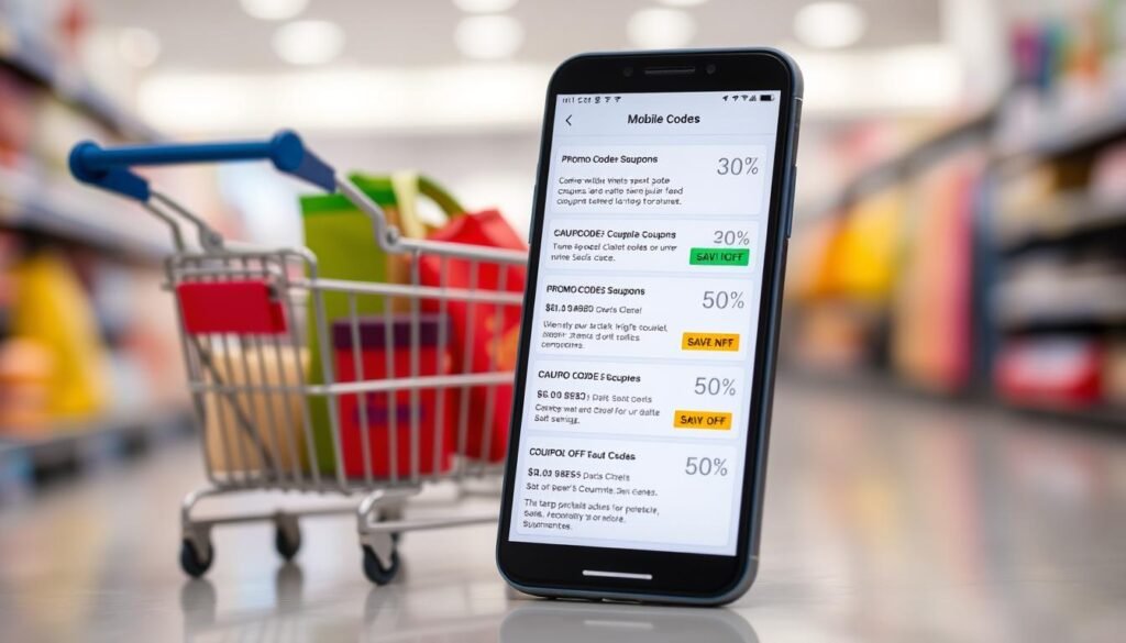 A well-lit, high-resolution image of a smartphone screen displaying various mobile app coupon codes and discount offers against a blurred background of a shopping cart and online shopping items. The screen shows a clean, organized interface with eye-catching promo codes, attractive discounts, and savings percentages. The composition emphasizes the idea of maximizing savings through smart digital deals. The overall mood is one of financial prudence, digital savvy, and a sense of getting the most value for one's money.