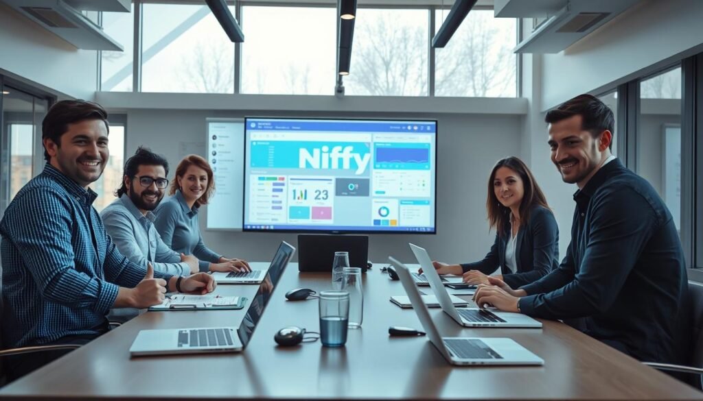 A well-lit, high-resolution scene depicting the successful implementation of the Nifty project management tool. In the foreground, a team of professionals collaborating around a conference table, laptops and notepads in hand, expressions of satisfaction and accomplishment. The middle ground showcases various Nifty interface elements projected on a large screen, highlighting its intuitive design and powerful features. The background depicts a modern, minimalist office space with large windows, allowing natural light to pour in and create a sense of openness and productivity. The overall mood is one of efficiency, synergy, and the collective triumph of a challenging project made possible by the versatility and reliability of the Nifty platform.