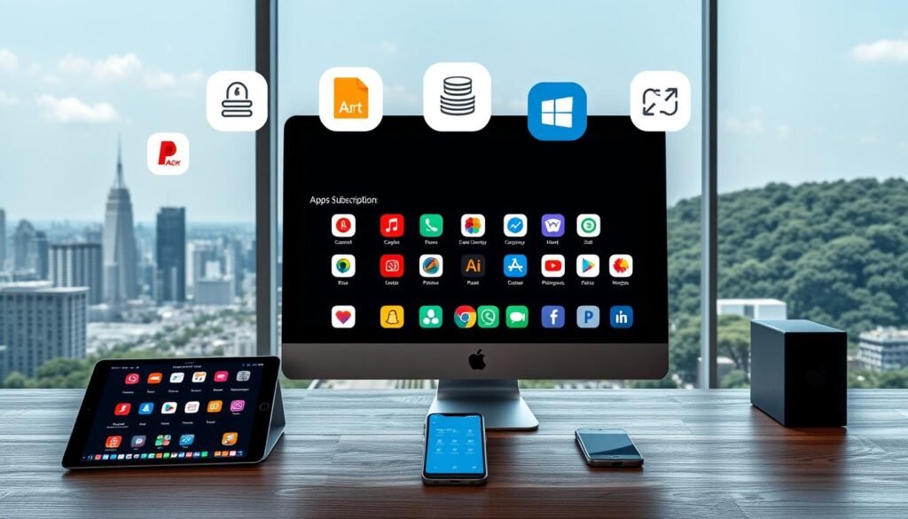 A well-lit modern office setting, with a desktop computer, a tablet, and a smartphone positioned neatly on a minimalist wooden desk. In the foreground, various app subscription icons hover above the devices, offering alternative solutions to the SetApp platform. The middle ground features an array of productivity-focused apps, each with a unique visual identity. The background showcases a serene cityscape, with skyscrapers and lush greenery, creating a sense of urban sophistication. The overall atmosphere is one of efficiency, flexibility, and a range of options for streamlining workflows.