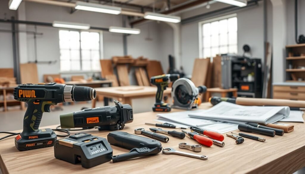 Advanced tools in a well-lit, modern workshop setting. Foreground features an assortment of high-quality power tools, including a cordless drill, an orbital sander, and a circular saw, all neatly arranged on a sturdy workbench. Middle ground showcases specialized hand tools such as pliers, wrenches, and a precision screwdriver set, placed alongside technical manuals and blueprints. The background depicts the interior of a sleek, minimalist workshop with clean lines, neutral tones, and ample natural lighting filtering in through large windows, creating a sense of efficiency and professionalism. The overall atmosphere conveys a state-of-the-art workspace dedicated to craftsmanship and technological innovation.
