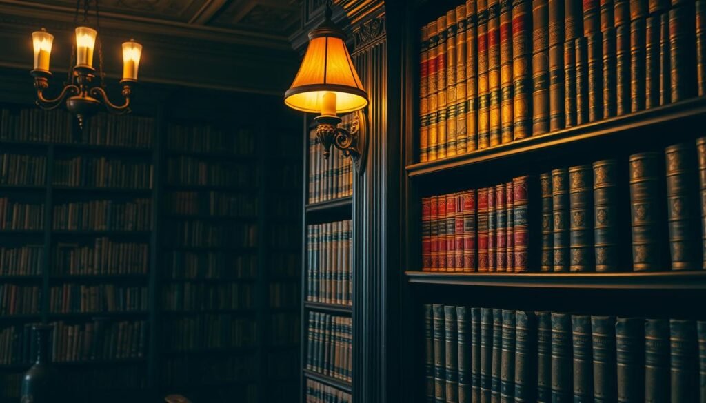 An ornate wooden bookshelf, dimly lit by warm, golden light from antique lamps, displays a collection of rare and ancient tomes. Leather-bound volumes in various shades of brown, red, and green sit neatly on the shelves, their spines bearing faded, intricate designs. The shelves are slightly cluttered, creating a sense of intellectual abundance, while the muted lighting casts soft shadows, lending an air of mystery and exclusivity to the scene. In the background, a wall of bookshelves stretches out, hinting at the vast array of rare and valuable texts that fill this private library. The overall composition evokes a sense of scholarly solitude and the joy of discovering forgotten knowledge.