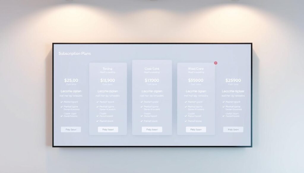 Subscription Plans A sleek, modern digital display showcasing a range of subscription plans and pricing options. The plans are presented in a clean, minimalist layout with clear delineation between tiers. Each plan is highlighted with subtle shadows, giving the image a sense of depth and dimensionality. The background is a soft, muted gradient, allowing the plans to take center stage. Careful use of typography and iconography conveys the key features of each plan. Subtle lighting from above casts a warm, professional glow, creating an inviting and trustworthy atmosphere. The overall composition is balanced and visually appealing, guiding the viewer's eye to the essential information.