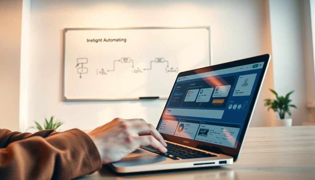 A bright, clean office workspace with a large whiteboard on the wall. On the whiteboard, a simple flowchart diagram illustrates the steps of a basic workflow automation process. In the foreground, a person's hands are using a laptop, exploring an intuitive workflow automation platform interface. The scene is bathed in warm, natural lighting, conveying a sense of focus, productivity, and the exciting potential of streamlining workflows.