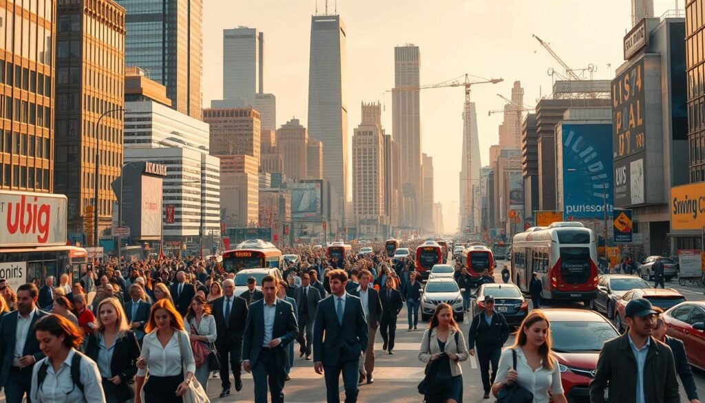 A bustling cityscape showcasing the dynamic landscape of the U.S. job market in 2025. In the foreground, a diverse array of professionals navigate the urban environment, engaged in various occupations. The middle ground features towering skyscrapers, reflecting the changing skyline and the growth of emerging industries. In the background, a vibrant tapestry of transportation modes, from self-driving cars to futuristic public transit, illustrates the technological advancements shaping the modern workforce. The scene is bathed in a warm, golden light, conveying a sense of progress and opportunity amidst the rapid evolution of the job market.