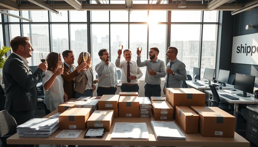A bustling office setting, sunlight streaming through large windows illuminating a group of business professionals engaged in animated discussions. In the foreground, a team celebrates with raised champagne flutes, symbolizing the success stories of their thriving shipping operations. In the middle ground, a table displays various shipping labels, packages, and logistical documents, reflecting the efficiency and reliability of their Shippo-powered shipping solutions. The background showcases a modern, technology-driven workspace, with sleek desks, monitors, and the Shippo logo prominently displayed on the wall, underscoring the brand's integral role in the business's prosperity.