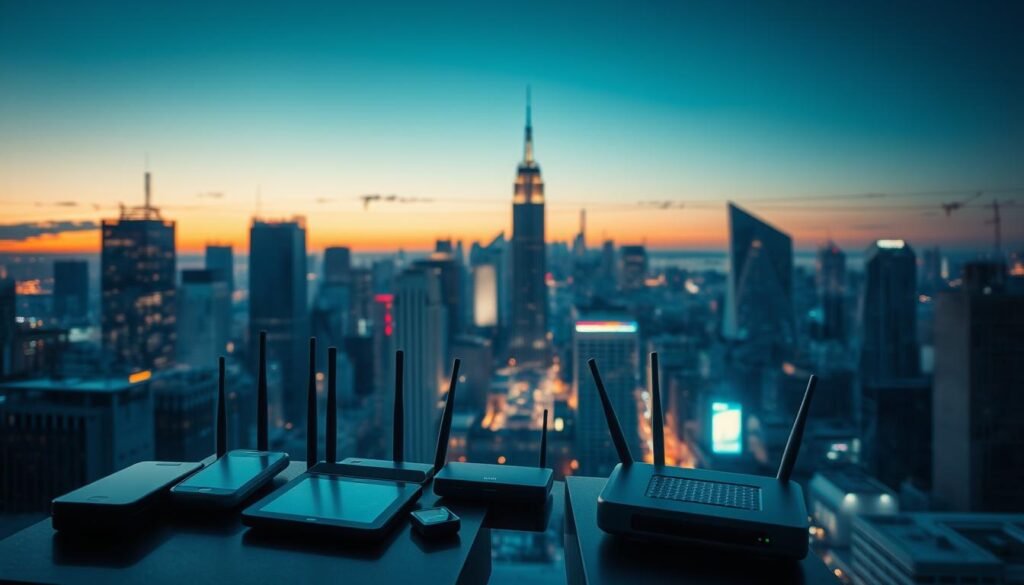 A busy cityscape at dusk, showcasing the latest in mobile internet technology. In the foreground, a diverse array of portable wireless devices - smartphones, tablets, and hotspot routers - illuminate the scene with a soft, futuristic glow. The middle ground features a bustling urban environment, with skyscrapers and pedestrians connected seamlessly through invisible high-speed internet signals. In the background, a panoramic view of the city skyline, bathed in warm hues of the setting sun, symbolizing the flexibility and ubiquity of modern nomadic connectivity. Crisp, cinematic lighting accentuates the sleek, minimalist design of the mobile internet devices, creating an aspirational, high-tech atmosphere. A busy cityscape at dusk, showcasing the latest in mobile internet technology. In the foreground, a diverse array of portable wireless devices - smartphones, tablets, and hotspot routers - illuminate the scene with a soft, futuristic glow. The middle ground features a bustling urban environment, with skyscrapers and pedestrians connected seamlessly through invisible high-speed internet signals. In the background, a panoramic view of the city skyline, bathed in warm hues of the setting sun, symbolizing the flexibility and ubiquity of modern nomadic connectivity. Crisp, cinematic lighting accentuates the sleek, minimalist design of the mobile internet devices, creating an aspirational, high-tech atmosphere.