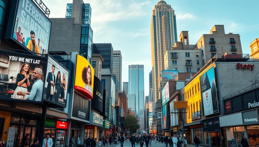 A busy cityscape with various commercial and residential buildings, showcasing diverse use cases for geo-targeted marketing. In the foreground, digital billboards display personalized advertisements tailored to the local audience. In the middle ground, shoppers explore a bustling street lined with storefronts, each catering to the unique needs of the neighborhood. In the background, a towering skyscraper dominates the skyline, its facade adorned with location-specific branding. The scene is illuminated by warm, golden lighting, capturing the vibrant, energetic atmosphere of a thriving urban environment.