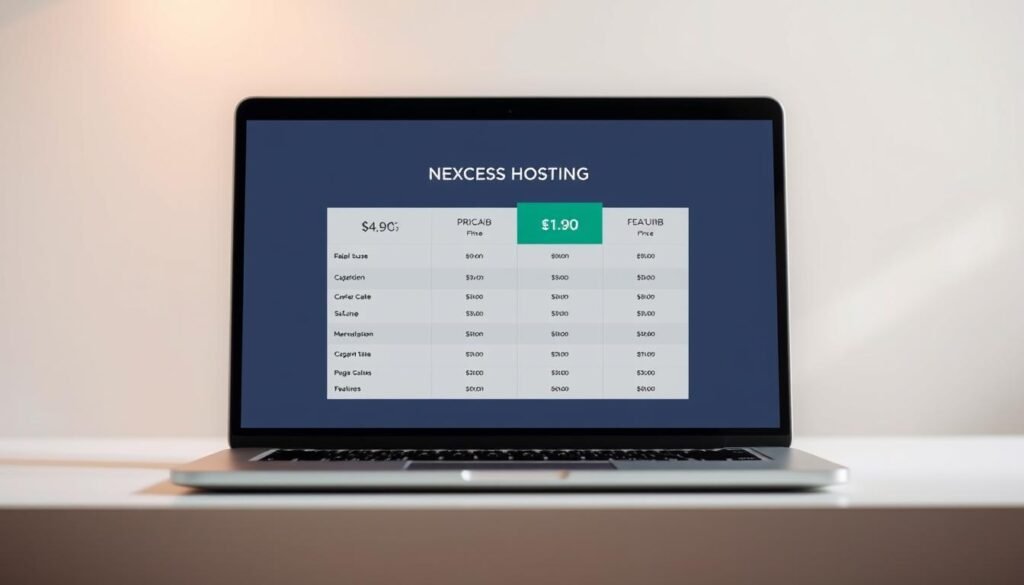 A clean, minimalist design showcasing Nexcess web hosting pricing plans. In the foreground, a sleek laptop displaying a well-organized table of hosting packages, with clear pricing and feature details. The background features a blurred, soft gradient in soothing, neutral tones, creating a sense of professionalism and sophistication. Subtle lighting from the top left casts a warm glow, highlighting the laptop's display. The overall composition is balanced, drawing the viewer's attention to the key pricing information, reflecting the "Nexcess: Hosting Options for Every Need" section title.