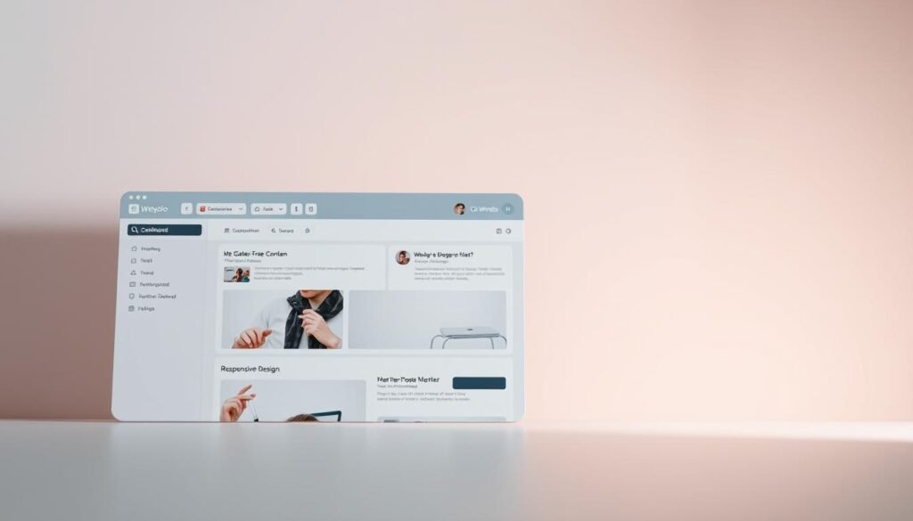 A clean, minimalist user interface of the Webydo content management system. The foreground features a sleek and modern dashboard with intuitive controls, well-organized content sections, and a responsive design preview. The middle ground showcases a sidebar with customizable tools and settings. The background has a subtle, warm-toned gradient that creates a calm, professional atmosphere. Lighting is soft and diffused, with a slightly angled camera angle to highlight the dynamic layout. The overall aesthetic conveys Webydo's focus on user-friendly web design and efficient content management.