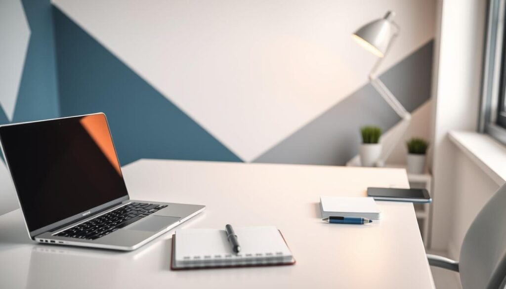 A clean, minimalist workspace with a laptop, notebook, and assorted office supplies neatly arranged on a sleek, white desk. Soft, natural lighting from a nearby window bathes the scene in a warm, productive glow. In the background, a stylized, geometric wall mural in shades of blue and gray sets a focused, professional tone. The overall impression is one of organized efficiency, ready to tackle the day's "training to-dos".
