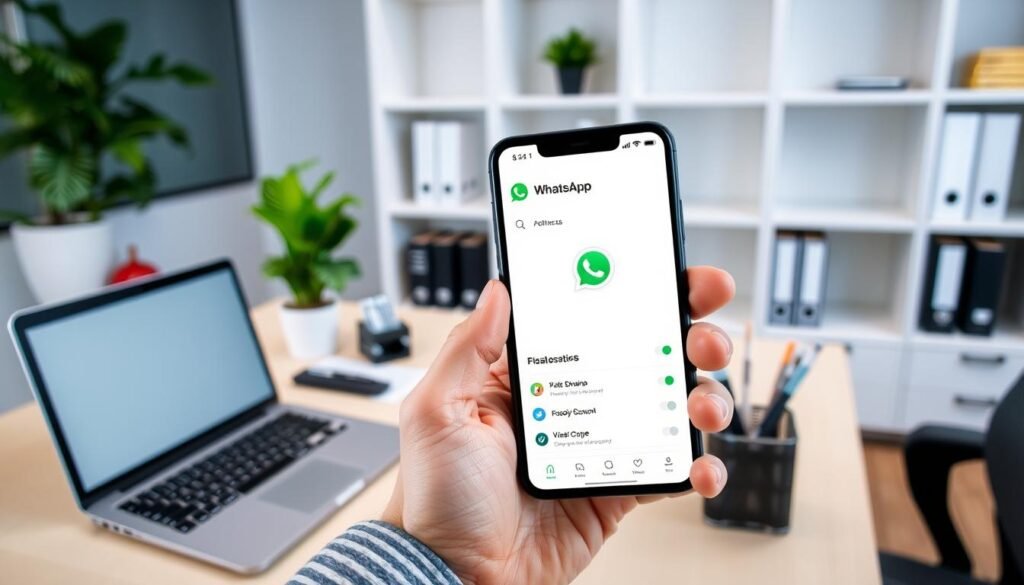 A clean, well-lit business office interior with a desk, laptop, and mobile phone prominently displayed. In the foreground, a close-up view of a hand navigating the WhatsApp Business app on the phone screen, showcasing its various features and settings. The middle ground features a desk organizer, stationery, and a potted plant, creating a professional and productive atmosphere. The background includes shelves with neatly arranged folders and books, conveying a sense of organization and attention to detail. The lighting is soft and diffused, creating a calm and focused ambiance suitable for a productive work environment.