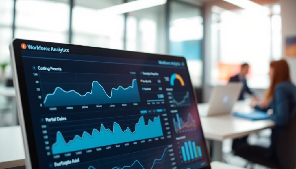 A close-up shot of a digital dashboard displaying financial data and statistics related to workforce analytics. The foreground showcases a clean, minimalist interface with intuitive visualizations and charts, providing clear insights into workforce trends, costs, and performance metrics. The middle ground features a blurred background of a modern office setting, with subtle hints of the company's branding and design elements. The lighting is soft and diffused, creating a professional and analytical atmosphere. The overall composition emphasizes the data-driven nature of the workforce analytics service, conveying a sense of precision, optimization, and data-informed decision-making.