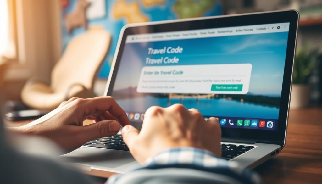 A close-up shot of a person's hands typing on a laptop keyboard, with a travel-themed background blurred in the distance. The laptop screen displays a travel booking website or app, with a prominent "Travel Code" field for entering a discount code. The lighting is warm and natural, creating a cozy, focused atmosphere. The angle emphasizes the act of using the travel code, with the hands and keyboard filling the foreground, and the blurred background hinting at the broader context of planning a trip.