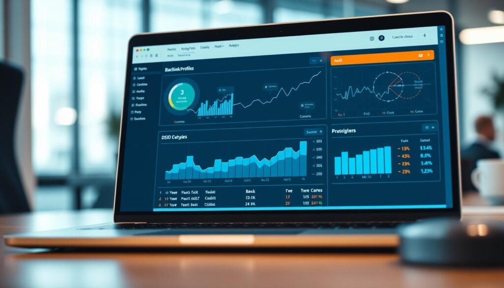 A close-up view of a modern analytics dashboard showcasing a detailed backlink analysis tool. The foreground displays a sleek, minimalist interface with intuitive data visualizations, including graphs, charts, and tables providing comprehensive insights into the target website's backlink profile. The middle ground features a laptop or desktop computer screen, its display illuminated by a soft, directional lighting that casts subtle shadows, creating depth and dimension. The background evokes a professional, technology-driven environment, perhaps an office setting with subtle hints of office furniture or equipment. The overall mood is one of efficiency, data-driven decision-making, and a focus on optimizing the target website's off-page SEO through a sophisticated backlink analysis tool.