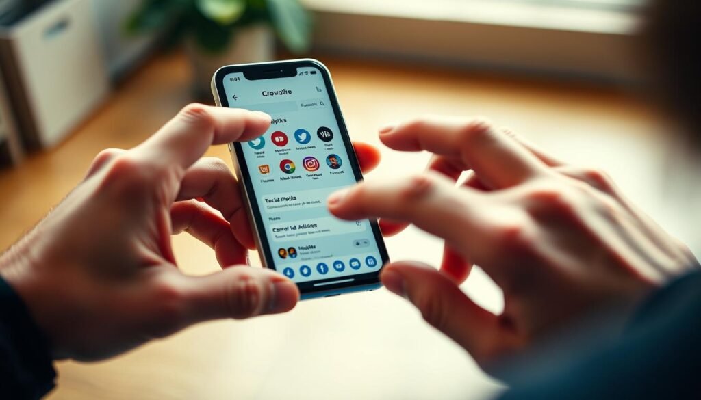 A close-up view of a person's hands interacting with a smartphone, showcasing the Crowdfire app interface. The screen displays various social media platform icons, analytics, and scheduling tools. The hands are positioned in a thoughtful, analytical manner, conveying a sense of focus and concentration. The background is slightly blurred, creating a sense of depth and emphasizing the user's engagement with the app. The lighting is soft and diffused, creating a warm, contemplative atmosphere, reflecting the personal nature of the experience with the social media management tool.