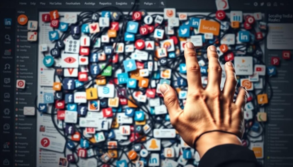 A cluttered dashboard with a tangle of social media icons, metrics, and analytics tools. The interface is overwhelming, with too many options and settings competing for attention. The color scheme is dull and uninspired, lacking the vibrancy and energy of the online world. In the foreground, a hand reaches in, struggling to navigate the complexity, while the background fades into a hazy blur, symbolizing the disorientation and frustration of managing multiple social channels. The lighting is harsh, casting harsh shadows and highlighting the system's flaws. The overall impression is one of a tool that has become unwieldy and difficult to use, failing to deliver on the promise of streamlined social media management.