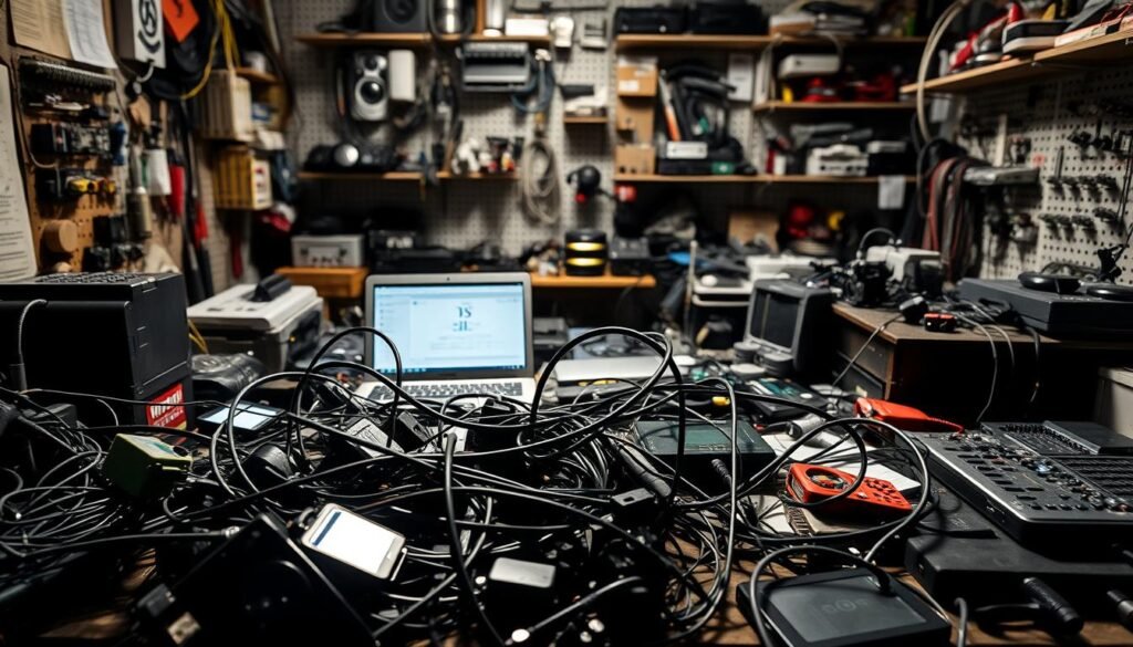 A cluttered workspace with various automation tools and devices, casting shadows and reflections across a cluttered desk. The foreground features a tangled web of wires, cables, and gadgets, symbolizing the complexities and challenges of implementing automation solutions. The middle ground showcases a laptop and tablet, representing the digital aspects of automation, while the background depicts a wall of shelves filled with more tools and equipment, suggesting the overwhelming nature of the automation landscape. The lighting is harsh, creating a sense of tension and unease, and the overall composition conveys the difficulties and constraints faced when deploying automation technologies in a business setting.
