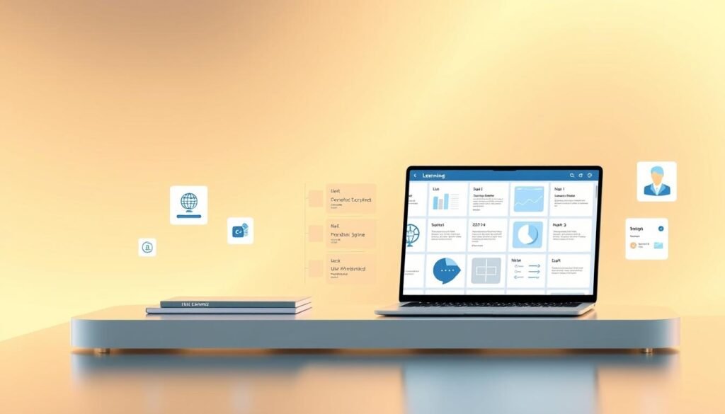 A comparative analysis of leading e-learning platforms, showcased in a sleek, modern layout. A dynamic grid display juxtaposes the key features and capabilities of the platforms, allowing for an at-a-glance evaluation. The scene is bathed in a soft, warm lighting, highlighting the clean lines and minimalist design. The platforms are depicted as elegant, floating UI elements, conveying a sense of sophistication and user-friendliness. The background features a subtle gradient, lending depth and visual interest, while a minimalist color palette of blues, grays, and whites maintains a professional, business-oriented aesthetic. The overall composition strikes a balance between informative clarity and aesthetic appeal, making it an ideal illustration for the comparative analysis section of the article.