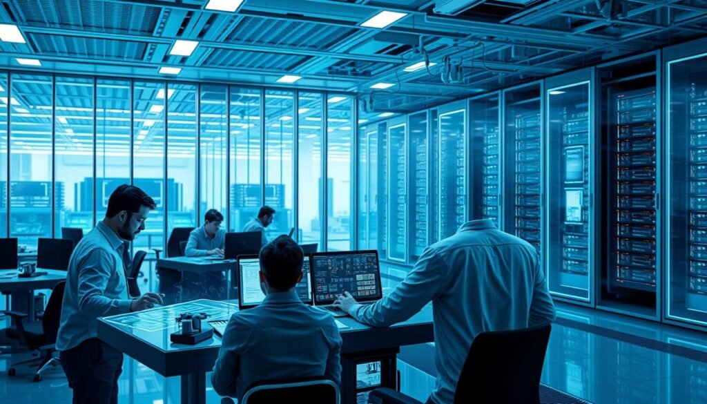 A complex workflow unfolds in a futuristic office setting, with holographic interfaces and sleek technological devices. In the foreground, a team collaborates, manipulating data streams and connecting digital processes through a centralized control panel. The middle ground features an expansive, glass-walled workspace, bathed in cool, blue-tinted lighting that accentuates the clean, modern aesthetic. In the background, a towering data center hums with activity, its servers and cables symbolizing the scale and power required to orchestrate intricate automation tasks. The scene conveys a sense of efficiency, precision, and the seamless integration of human expertise with advanced automation capabilities.