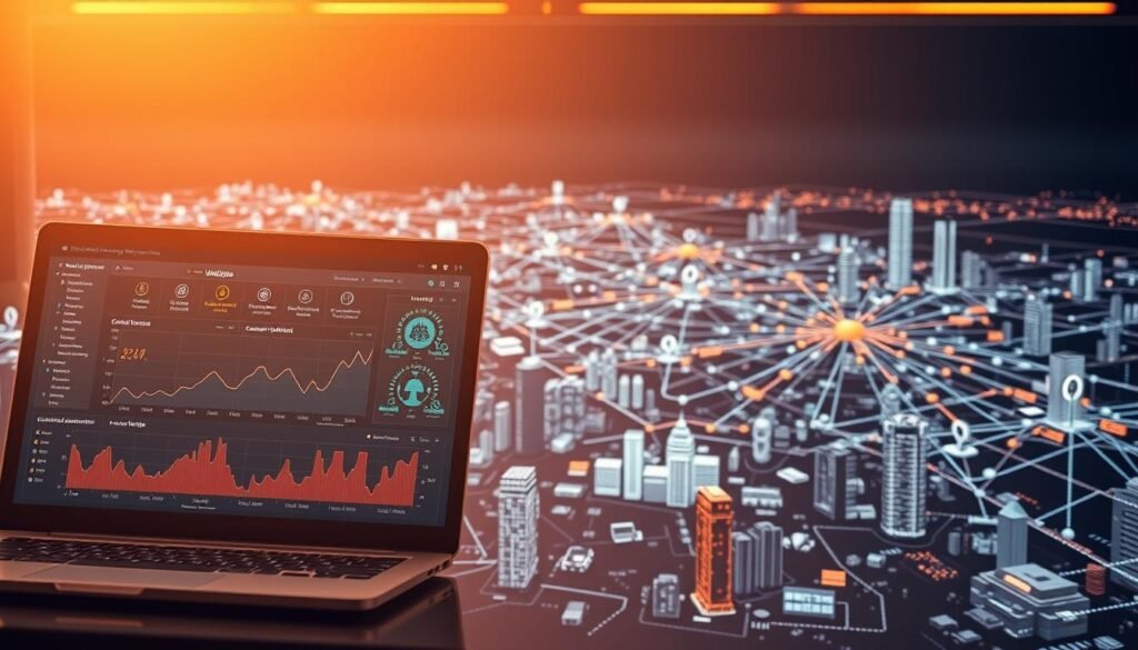 A comprehensive cybersecurity dashboard displaying real-time analysis of network vulnerabilities. In the foreground, a sleek interface showcases critical security metrics, highlighting vulnerable systems and potential attack vectors. The middle ground depicts intricate data visualizations, mapping the interconnected web of devices and services. In the background, a stylized cityscape representation symbolizes the complex digital landscape that requires vigilant security management. Warm lighting and a subtle futuristic aesthetic convey the gravity and importance of proactive vulnerability management in safeguarding the modern enterprise.