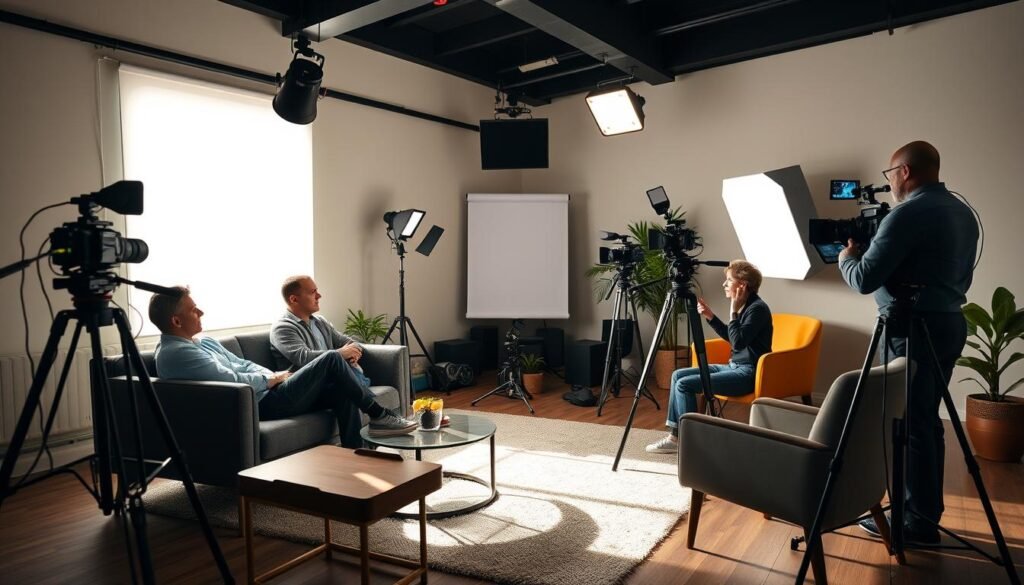 A cozy studio setting with professional video equipment and a welcoming atmosphere. Clients seated comfortably, engaged in conversation with the video team. Soft, natural lighting illuminates their faces, conveying a sense of trust and collaboration. Cameras positioned at various angles, capturing the clients' expressions and gestures. Minimalist decor with sleek, modern furniture creates a sophisticated ambiance. The room exudes a sense of professionalism and creativity, reflecting the expertise of the Munch Video Studio.