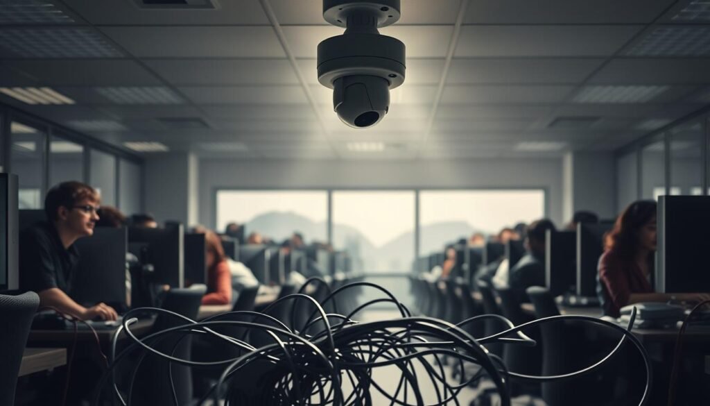 A crowded office space with a surveillance camera mounted on the ceiling, casting a watchful gaze over the desks and workstations below. Employees appear hunched over their computers, their expressions conveying a sense of unease and constraint. The lighting is harsh, casting sharp shadows that emphasize the oppressive atmosphere. In the foreground, a tangle of wires and cables snakes across the floor, symbolizing the limitations and intrusions of employee tracking technology. The background fades into a hazy, impersonal landscape, reinforcing the sense of confinement and lack of privacy. The overall mood is one of discomfort and a subtle resistance to the overbearing presence of surveillance.