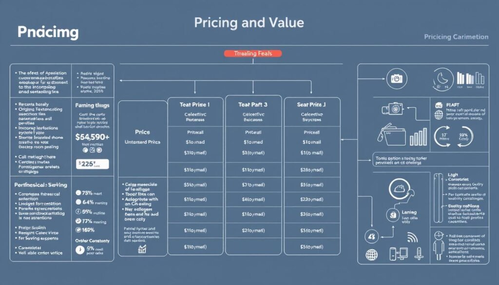 A detailed and visually striking diagram showcasing the pricing structure of telecommunication services. The foreground should feature a clear and legible breakdown of various pricing tiers, packages, and options available to consumers. The middle ground could depict graphical representations of data usage, call minutes, and other relevant metrics. The background should convey a sense of modern, high-tech design with clean lines, subtle gradients, and a muted color palette that complements the overall composition. Employ a combination of realistic and abstract elements to create a balanced, informative, and aesthetically pleasing image that effectively communicates the "Pricing and Value" section of the article.