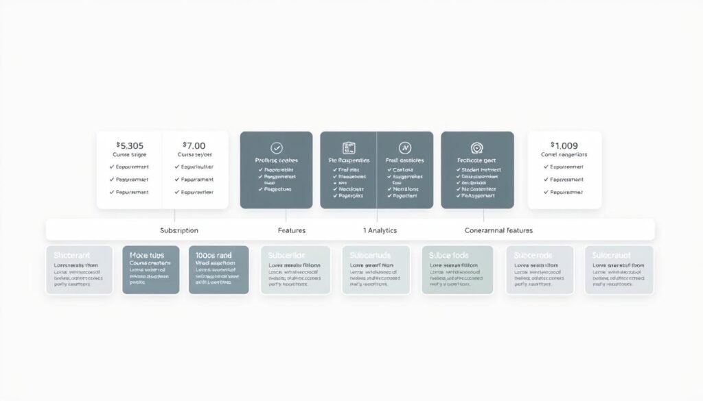 A detailed architectural diagram showcasing the pricing plans of an online learning platform. The foreground displays a series of rectangles representing the different subscription tiers, each with its own distinct set of features and pricing. The middle ground depicts the various services and tools available within the platform, such as course creation, student management, and analytics. The background features a clean, minimalist design with subtle gradients and geometric shapes, creating a sense of balance and elegance. The overall composition conveys a professional, well-organized, and visually appealing presentation of the platform's educational pricing structure.