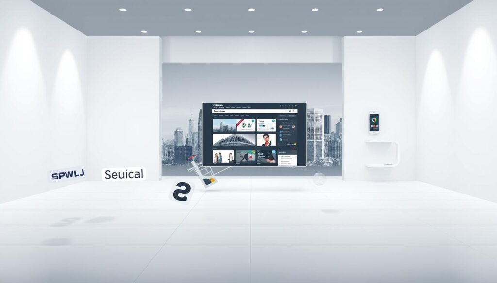 A detailed architectural illustration showcasing the integration of leading e-commerce platforms. A pristine, well-lit studio setting with a minimalist, monochromatic color scheme. In the foreground, prominent brand logos float elegantly, seamlessly interlinking. The middle ground features a sleek, responsive web interface displaying product catalogs and order management dashboards. In the background, a cityscape skyline evokes a sense of global connectivity, underscoring the expansive reach of the integrated e-commerce ecosystem. Subtle ambient lighting casts a refined, professional atmosphere, complemented by clean, geometric composition and a focus on clean lines and negative space.
