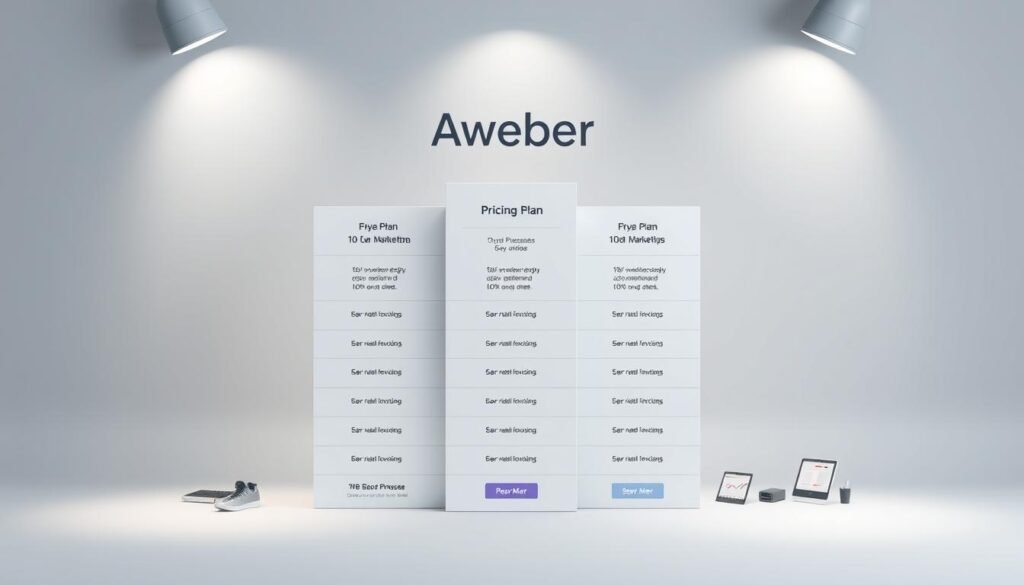 A detailed, sleek infographic showcasing the pricing plans of Aweber, a leading email marketing service. The foreground features a minimalist grid layout displaying the various plan options, highlighted with clean typography and subtle data visualization elements. The middle ground includes isometric illustrations of digital devices, subtly alluding to the online, cloud-based nature of the service. The background is a soft, muted gradient, creating a professional, elegant atmosphere. Balanced lighting from multiple angles accentuates the modern, high-tech aesthetic. The overall composition conveys a sense of clarity, simplicity and informed decision-making for the target audience.