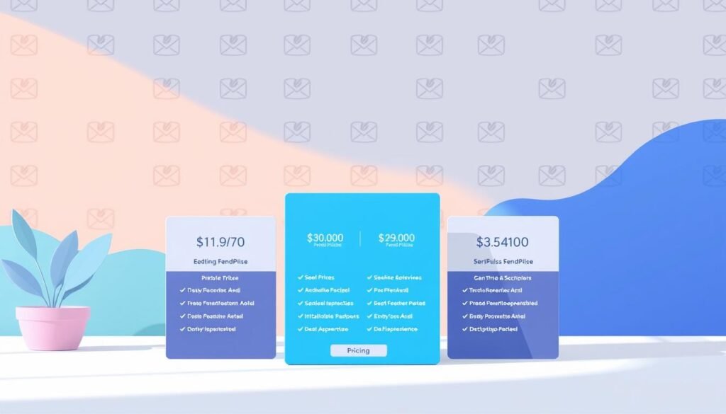 A detailed, stylized illustration showcasing the pricing plans of SendPulse. In the foreground, a sleek, modern dashboard interface displays the various subscription tiers, each with its own set of features and pricing details. The middle ground features abstract geometric shapes and gradients, lending a sense of depth and sophistication. In the background, a subtle pattern of SendPulse's logo creates a cohesive branding element. The overall composition is balanced, with a clean and professional aesthetic that aligns with the SendPulse brand. Soft, directional lighting casts gentle shadows, enhancing the three-dimensional quality of the scene. The image conveys a sense of clarity, accessibility, and the comprehensive nature of SendPulse's pricing options.