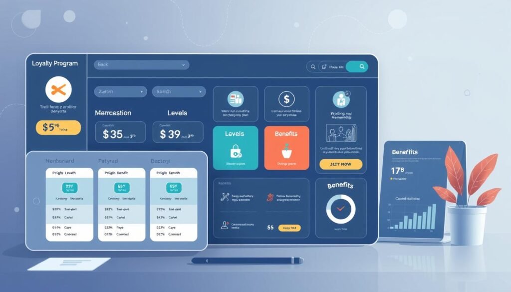 A detailed, visually striking illustration of "خطط تسعير برنامج الولاء" for a loyalty program. The foreground depicts a meticulously designed loyalty program dashboard, showcasing various pricing tiers and membership levels. The middle ground features stylized icons and data visualizations highlighting the value proposition and benefits. The background subtly incorporates elements of the loyalty program's branding, such as patterns, gradients, or subtle textures. The overall mood is professional, modern, and appealing, capturing the essence of an effective loyalty program pricing strategy.