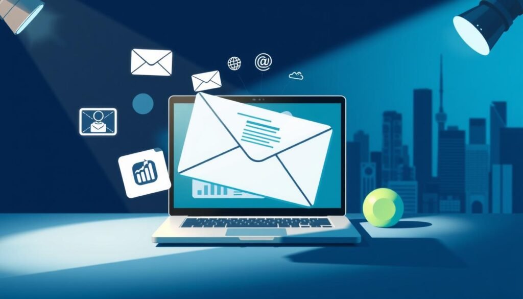 A digital illustration depicting effective email marketing strategies. In the foreground, a stylized envelope hovers, surrounded by icons representing various tactics such as personalized content, segmentation, automation, and data analytics. The middle ground features a laptop screen displaying email campaign performance metrics, while the background showcases a city skyline, symbolizing the global reach of email marketing. The color palette is a harmonious blend of blues, grays, and greens, conveying a sense of professionalism and innovation. Dramatic lighting casts shadows, adding depth and emphasis to the key elements. The overall composition is balanced and visually appealing, capturing the essence of successful email marketing strategies.
