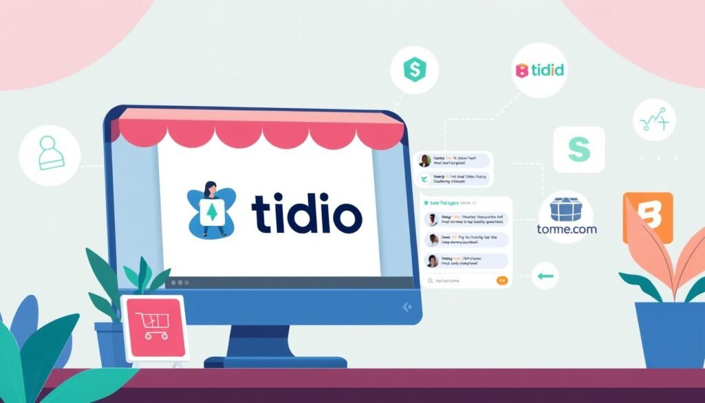 A digital illustration depicting the seamless integration of Tidio, a leading live chat and customer engagement platform, with popular e-commerce platforms. The scene showcases a stylized online storefront, with the Tidio logo prominently displayed, seamlessly blending into the e-commerce interface. The foreground features vibrant product displays, elegant typography, and intuitive user interface elements, hinting at the enhanced customer experience enabled by the Tidio integration. The middle ground depicts a real-time chat window, with a customer and a friendly support agent engaged in a helpful dialogue. The background subtly depicts the various e-commerce platforms, represented by their distinct branding and visual identities, all unified by the Tidio integration. The overall aesthetic is clean, modern, and visually appealing, capturing the essence of how Tidio can elevate the e-commerce customer experience. A digital illustration depicting the seamless integration of Tidio, a leading live chat and customer engagement platform, with popular e-commerce platforms. The scene showcases a stylized online storefront, with the Tidio logo prominently displayed, seamlessly blending into the e-commerce interface. The foreground features vibrant product displays, elegant typography, and intuitive user interface elements, hinting at the enhanced customer experience enabled by the Tidio integration. The middle ground depicts a real-time chat window, with a customer and a friendly support agent engaged in a helpful dialogue. The background subtly depicts the various e-commerce platforms, represented by their distinct branding and visual identities, all unified by the Tidio integration. The overall aesthetic is clean, modern, and visually appealing, capturing the essence of how Tidio can elevate the e-commerce customer experience.