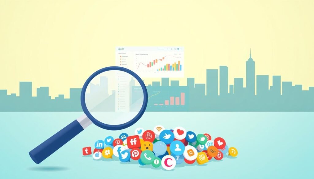 A digital illustration showcasing the key elements of social listening on the Sproot Social platform. In the foreground, a stylized magnifying glass hovers over a cluster of diverse social media icons, representing the act of monitoring online conversations. The middle ground features a data visualization dashboard, with colorful graphs and charts reflecting real-time trends and insights. In the background, a serene, minimalist cityscape provides a sense of context, alluding to the broader digital landscape in which these social listening tools operate. The overall composition conveys a balance of technology, data analysis, and a focused, intentional approach to understanding and engaging with social media.