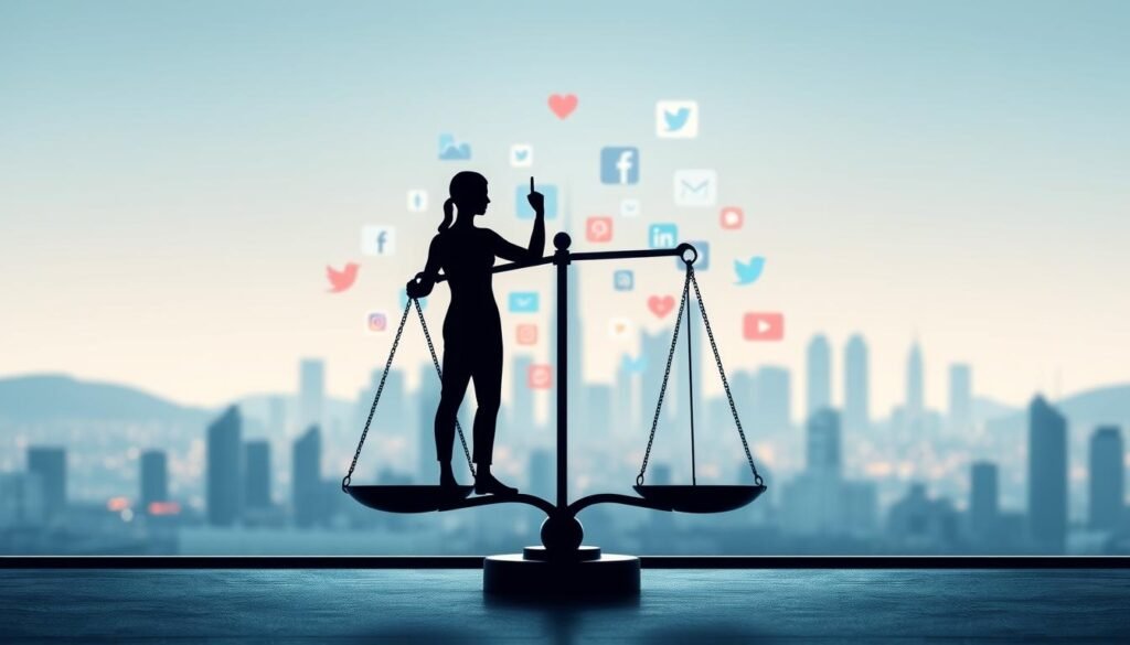 A digital illustration showcasing the pros and cons of social media management. In the foreground, a stylized figure balances scales, representing the balance between the benefits and drawbacks of social media management. The middle ground features a vibrant social media landscape, with various icons and symbols representing different platforms. In the background, a minimalist cityscape provides a sense of context and environment. The lighting is soft and diffused, creating a contemplative atmosphere. The overall composition conveys the complexities and nuances of effective social media management.