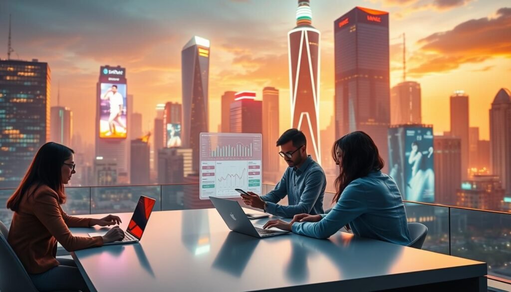 A digital marketing campaign unfolding in a vibrant, tech-forward landscape. In the foreground, a team collaborates at a sleek, minimalist workstation, laptops and smartphones in hand. The middle ground features a large, interactive display showcasing analytics and audience insights, guiding their strategic decisions. In the background, a cityscape of towering, futuristic buildings and glowing digital billboards sets the stage for this data-driven marketing evolution. The scene is bathed in a warm, sophisticated lighting, creating a sense of productivity and innovation. An atmosphere of dynamism and adaptability, where Snitcher's capabilities seamlessly integrate with the team's marketing efforts to optimize and elevate their digital presence.